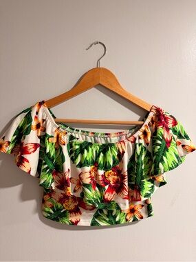 Tropical Off-Shoulder Ruffle Crop Top - White with Green & Red Floral Print
